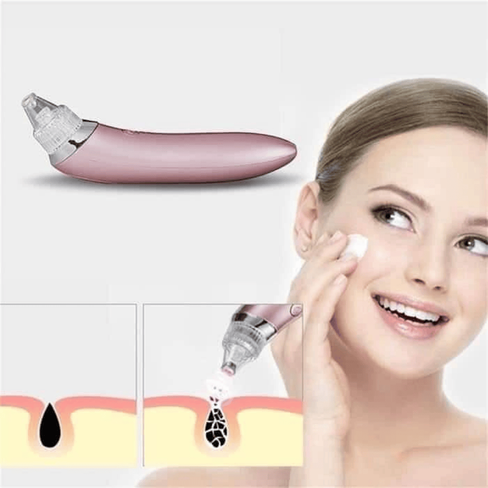 Cosmetic device with a woman using it and a close-up of skin benefits.