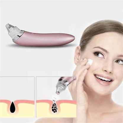 Cosmetic device with a woman using it and a close-up of skin benefits.
