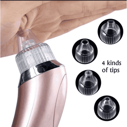 Beauty device with rose gold finish and four different tips displayed on a white background.