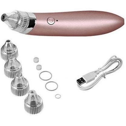 Pink electronic device with attachments and USB cable on a white background