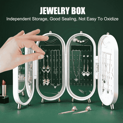 Front view of foldable white jewelry organizer showcasing features