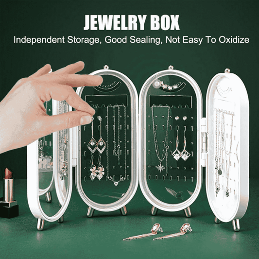 Front view of foldable white jewelry organizer showcasing features