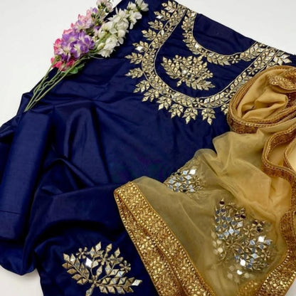 Open View of Kataan Silk Mirror Work Unstitched Blue 3 Pcs Dress Set