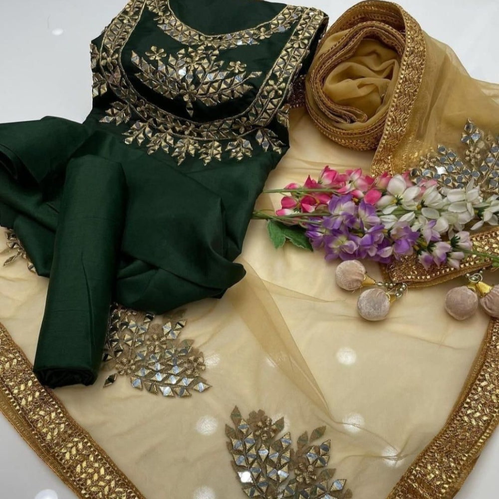 Open View of Kataan Silk Mirror Work Unstitched Green 3 Pcs Dress Setn