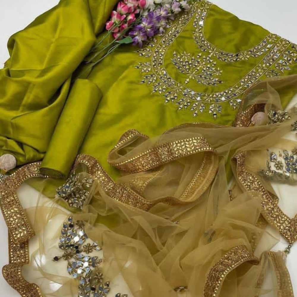 Open View of Kataan Silk Mirror Work Unstitched Light Green