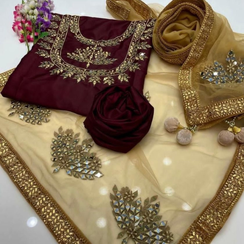 Open View of Kataan Silk Mirror Work Unstitched Maroon 3 Pcs Dress Set