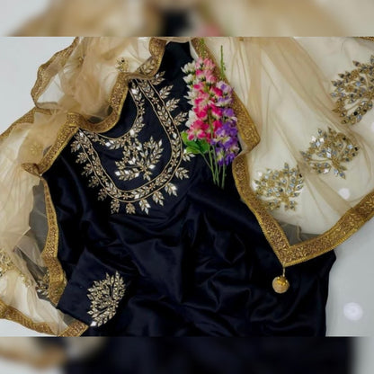 Open View of Kataan Silk Mirror Work Unstitched Black 3 Pcs Dress Set