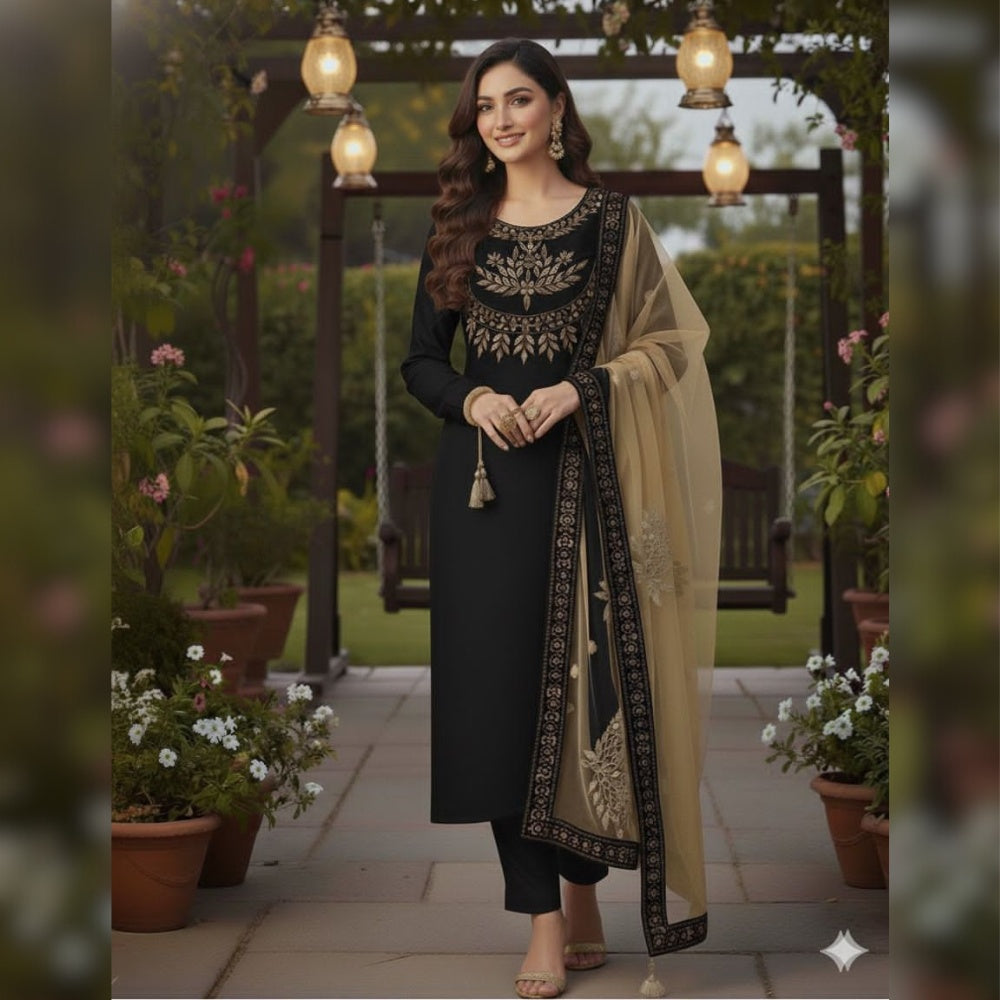 Kataan Silk Mirror Work Unstitched 3PC Dress in Black Color