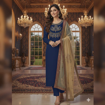 Kataan Silk Mirror Work Unstitched 3PC Dress in Blue Color