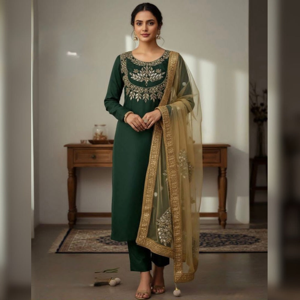 Kataan Silk Mirror Work Unstitched 3PC Dress in Green Color