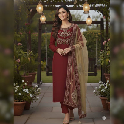 Kataan Silk Mirror Work Unstitched 3PC Dress in Maroon Color