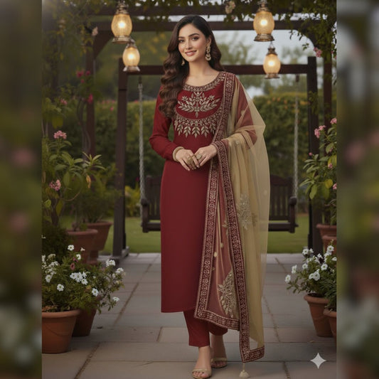 Kataan Silk Mirror Work Unstitched 3PC Dress in Maroon Color
