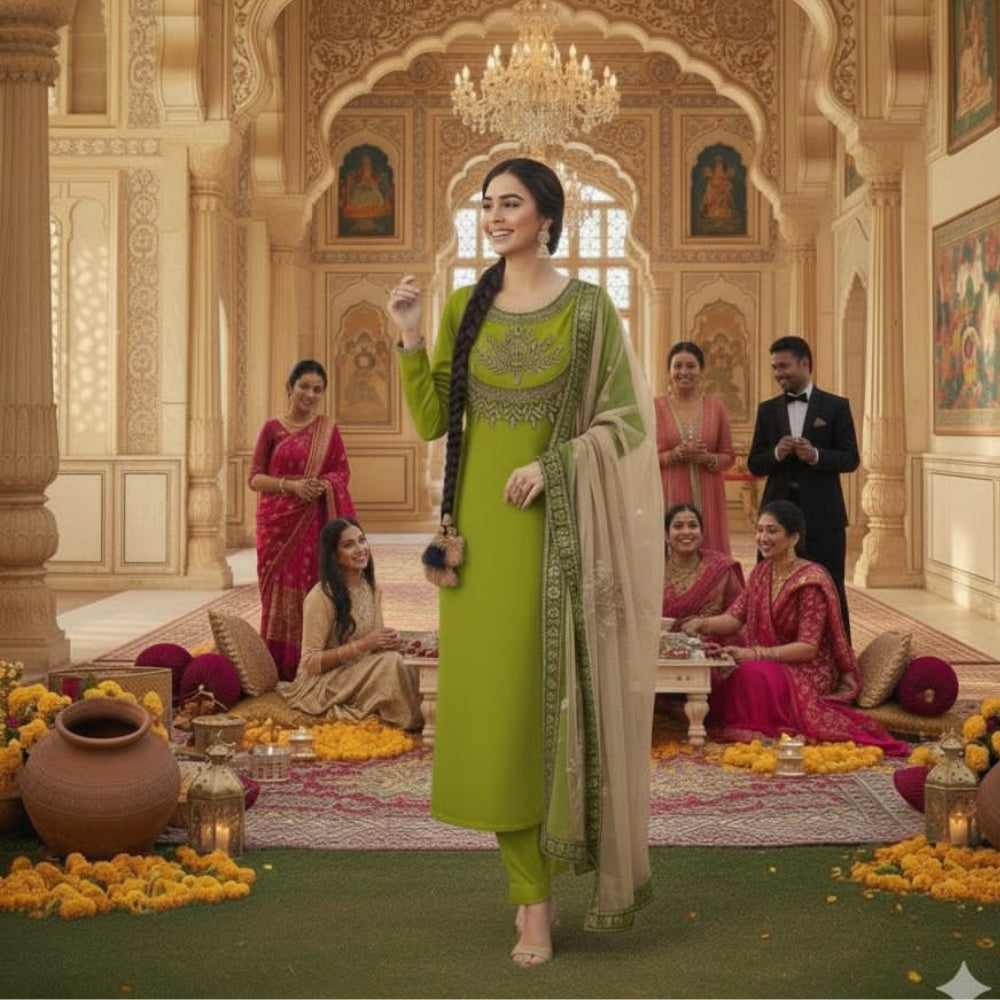 Kataan Silk Mirror Work Unstitched 3PC Dress in Light Green Color