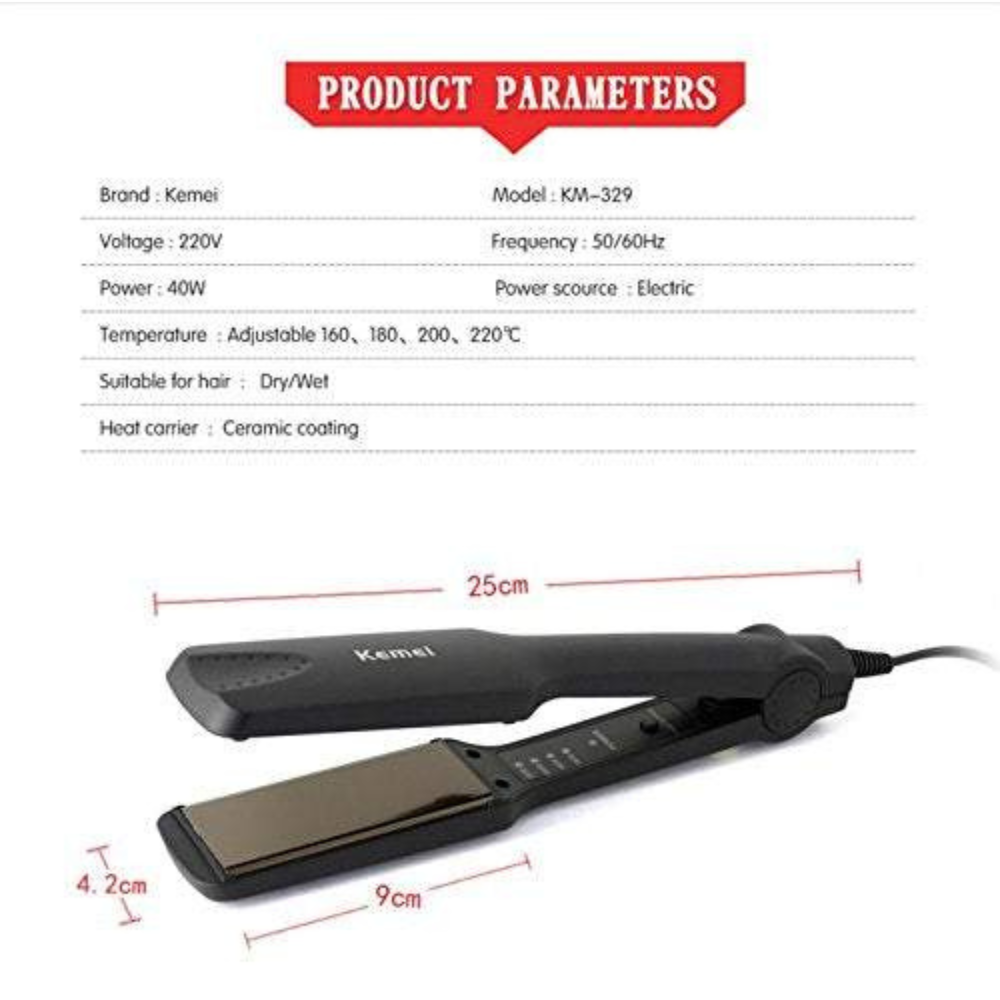 Size chart showing dimensions of Kemei KM-329 Hair Straightener