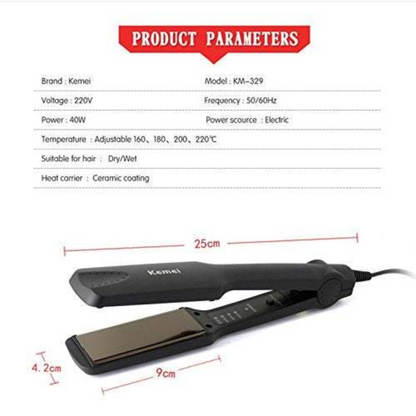 Size chart showing dimensions of Kemei KM-329 Hair Straightener