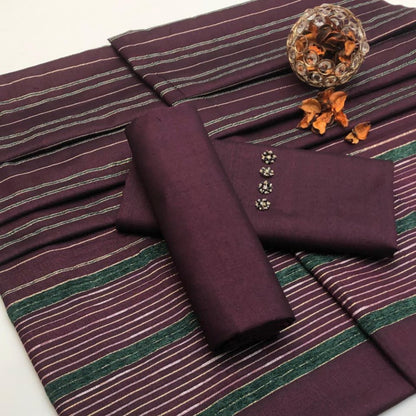 Purple saree with green and white stripes on a white background