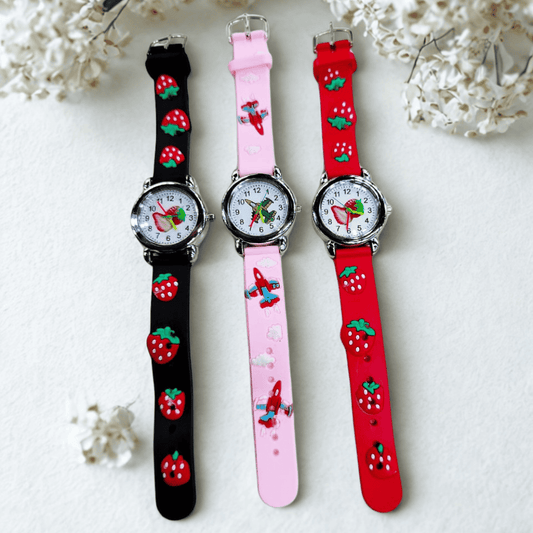 Close-up and front view of the Kids Watch Pack of 3 in assorted colors