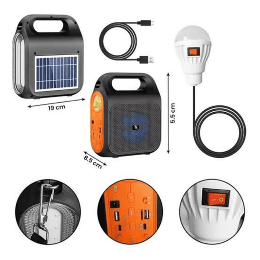 Solar-powered portable power station with components and measurements on a white background