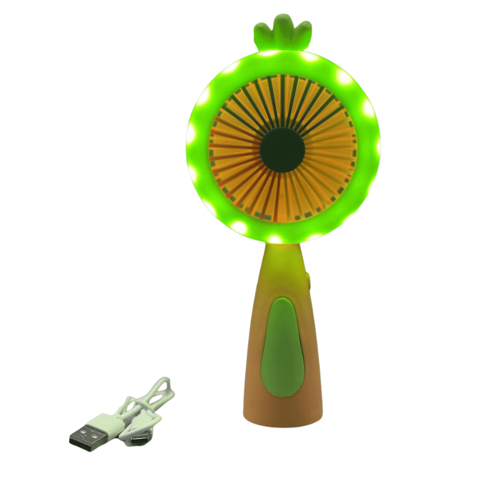 Handheld fan with green and brown design on a white background