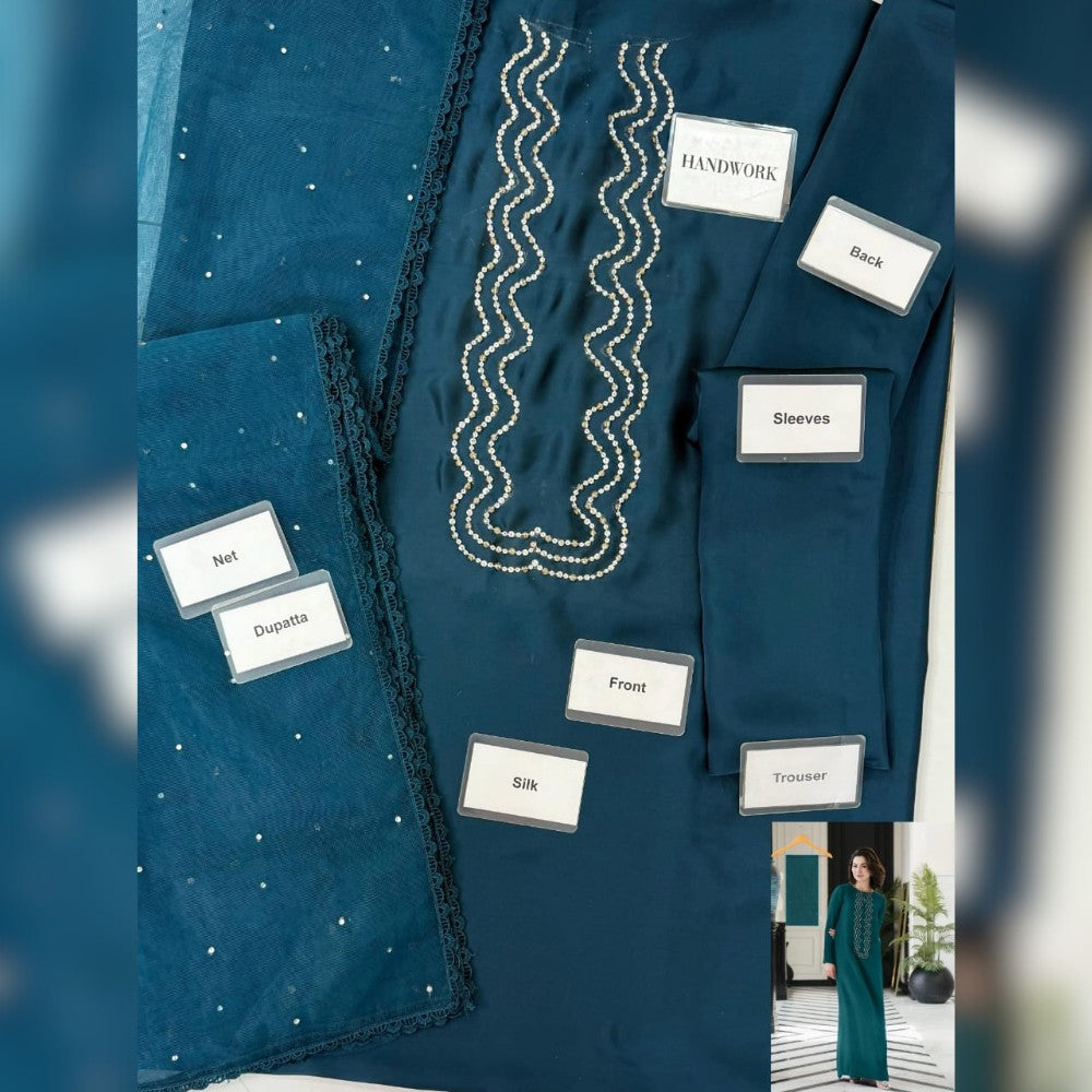 Navy blue embroidered garment with labeled parts and a woman in a green dress in the background.