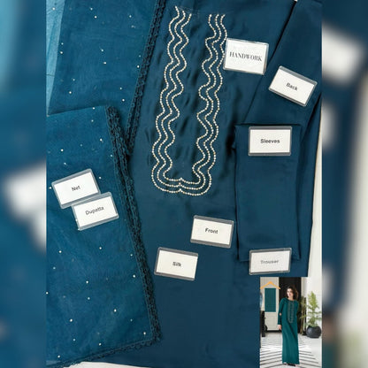 Navy blue embroidered garment with labeled parts and a woman in a green dress in the background.