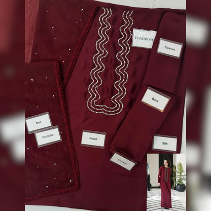 Maroon embroidered garment with labeled parts and a woman wearing it in the background.