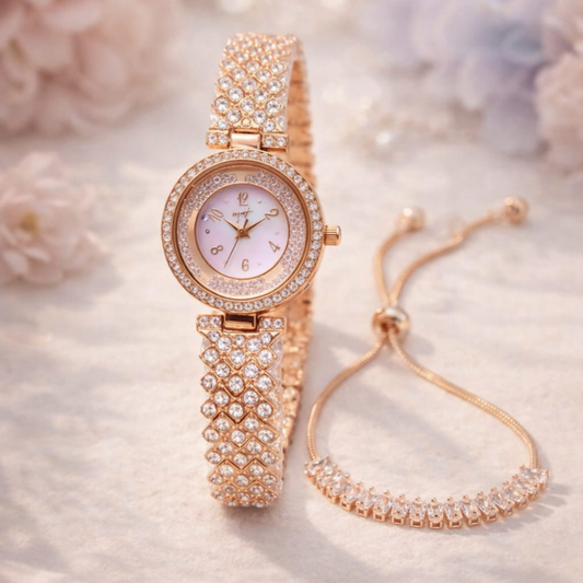 Rose gold watch and bracelet on a soft, floral background