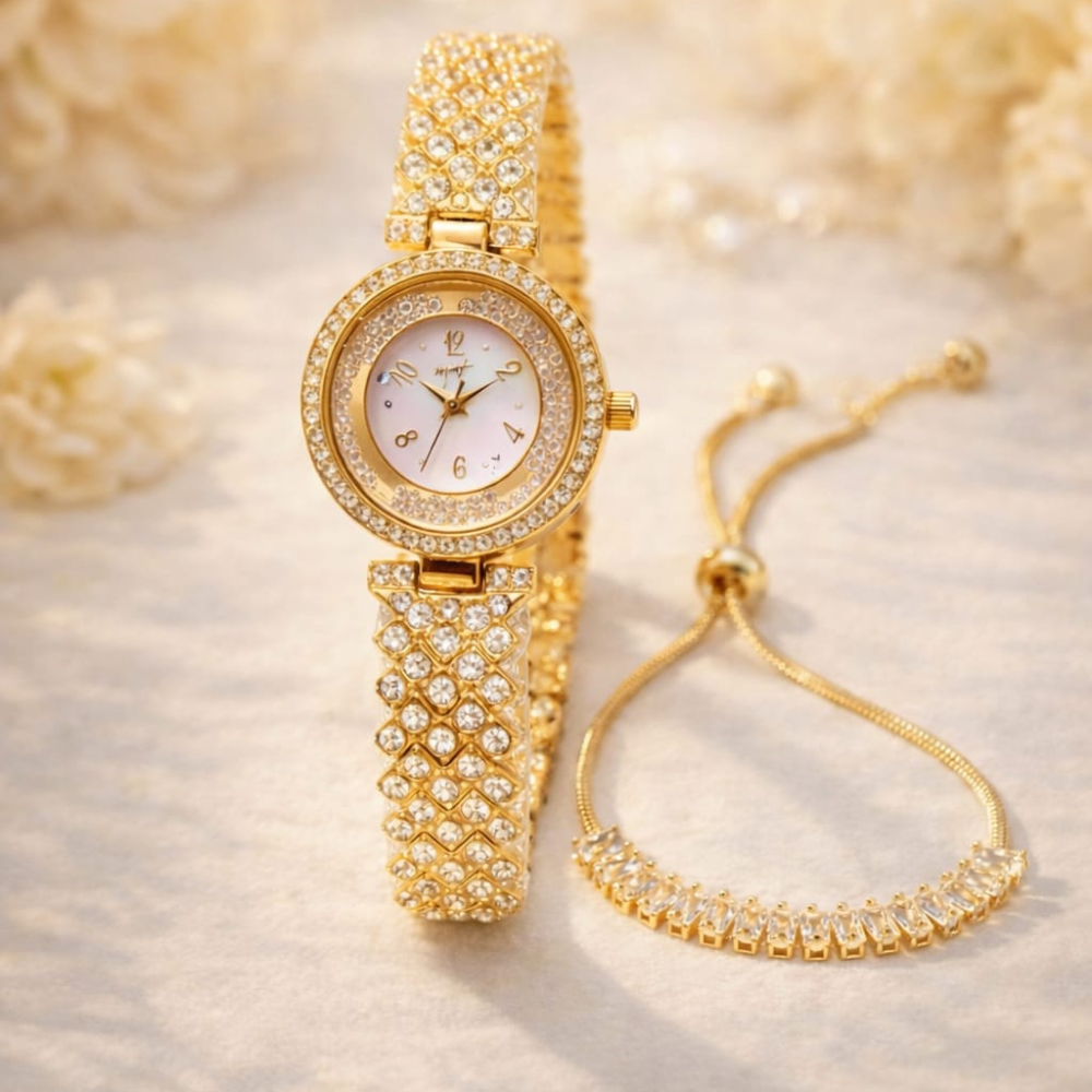 Gold watch and bracelet set on a soft, neutral background