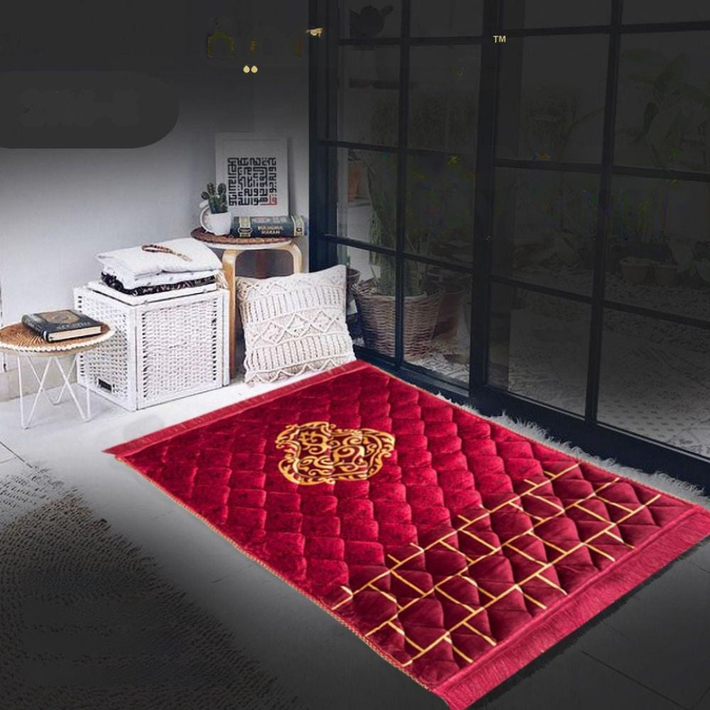 Red quilted rug with a gold emblem in a modern room setting.