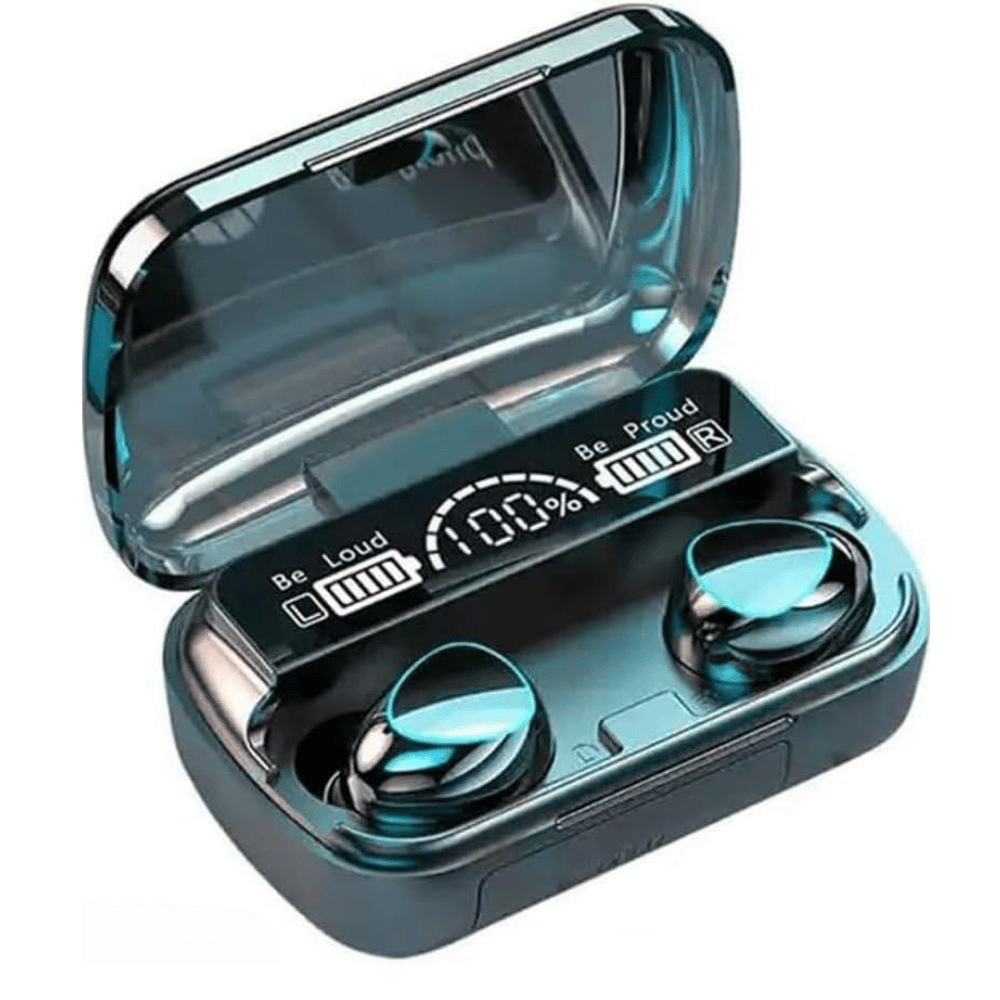 Zoomed-in view of M10 earbuds highlighting button and LED indicator