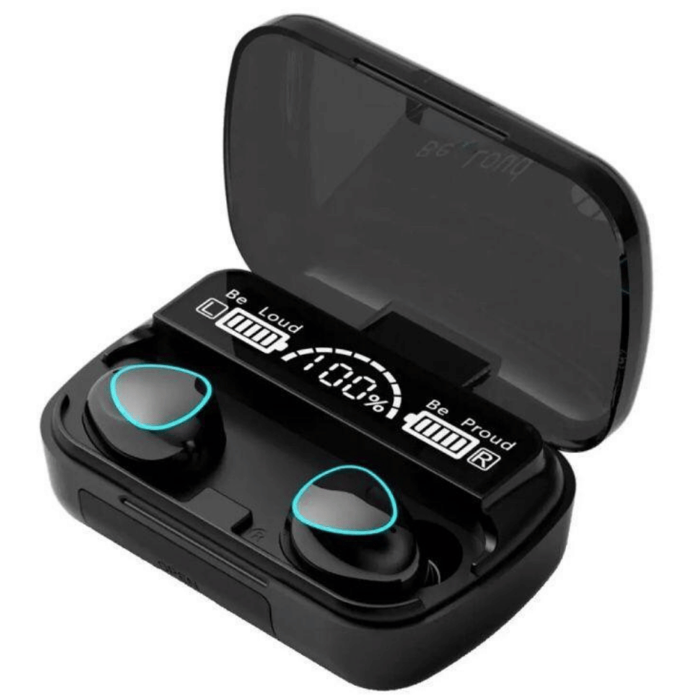 M10 TWS earbuds shown in a clear front view with charging case.