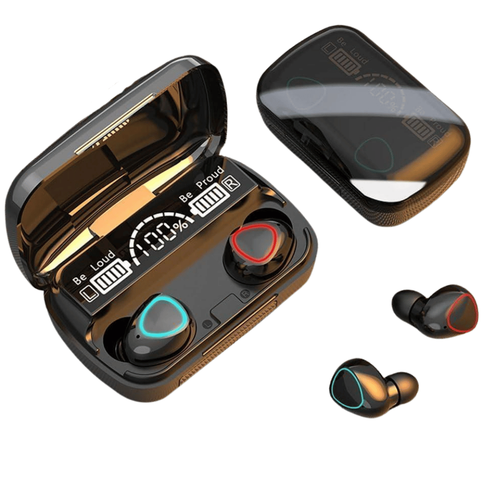 Complete display of M10 earbuds with case and accessories.