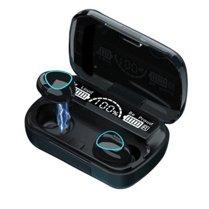Sleek side view of M10 Bluetooth earbuds with ergonomic design.
