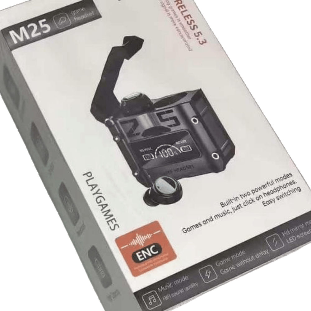 Retail box of M25 TWS Earbuds showcasing product branding.