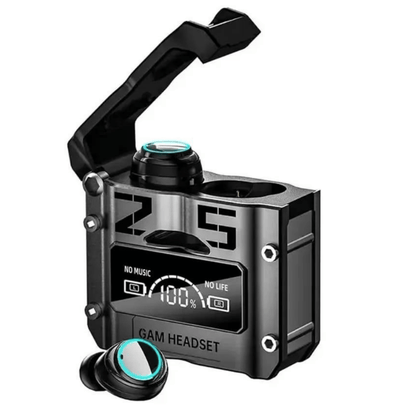 Clear front view of M25 TWS Bluetooth earbuds in charging case