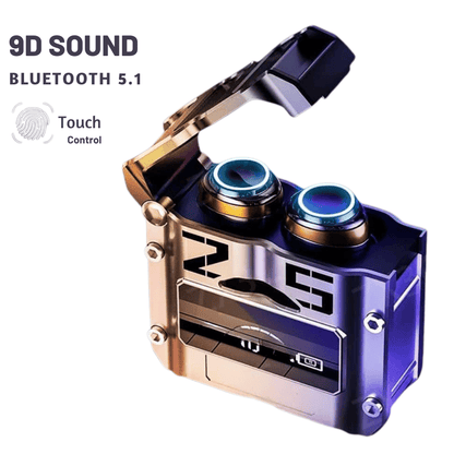 Alternate angle of M25 earbuds and accessories with lighting effect