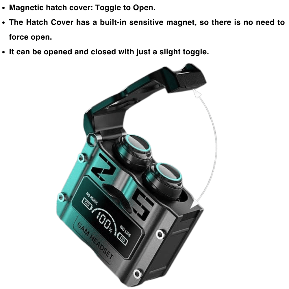 Complete view of M25 earbuds, case, and feature highlights
