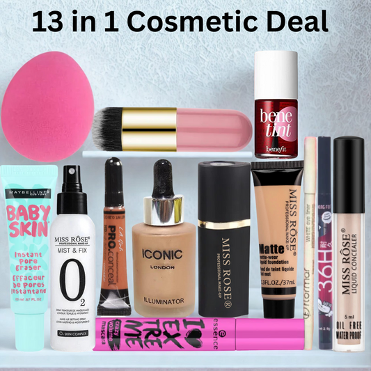 Complete 13 in 1 makeup kit bundle with primer, foundation, concealer, highlighter, and tools