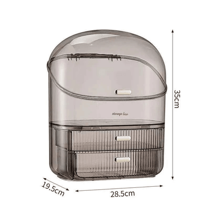 Transparent storage bin with dimensions labeled on a white background