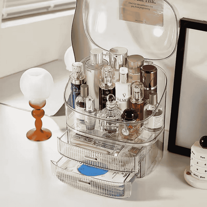 Clear cosmetic organizer with various bottles on a desk