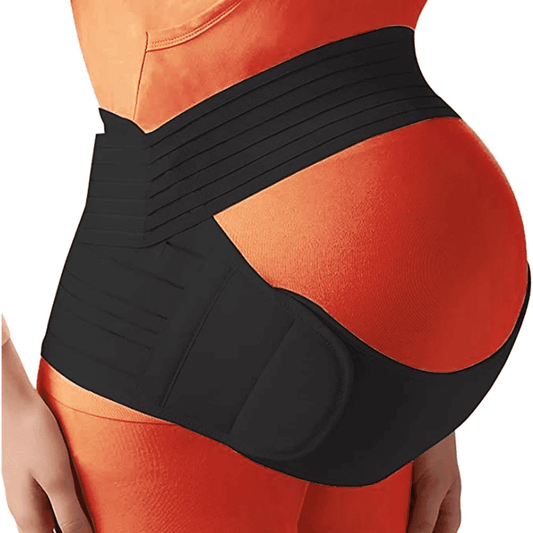 Black waist trainer worn by a person with an orange garment.