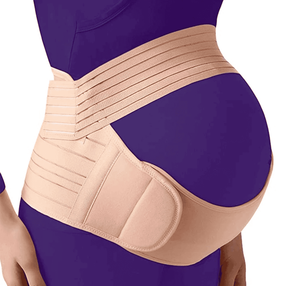 Beige maternity belt worn by a person in a purple outfit on a white background