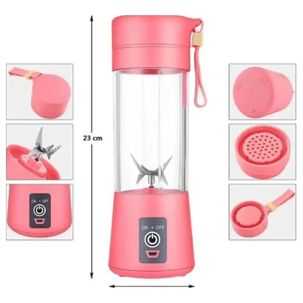 Pink portable blender with additional components on a white background