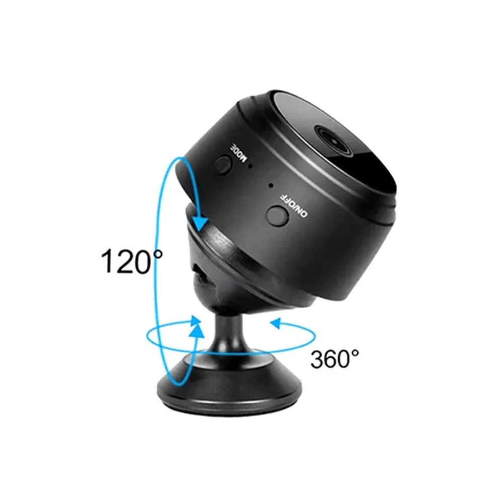 Black camera with 360-degree and 120-degree rotation capabilities on a white background