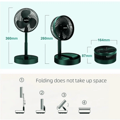 Portable fan with dimensions and folding mechanism illustration on a light blue background