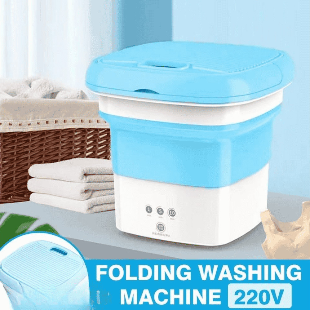 Washer placed in a washroom setting, showcasing its compact size