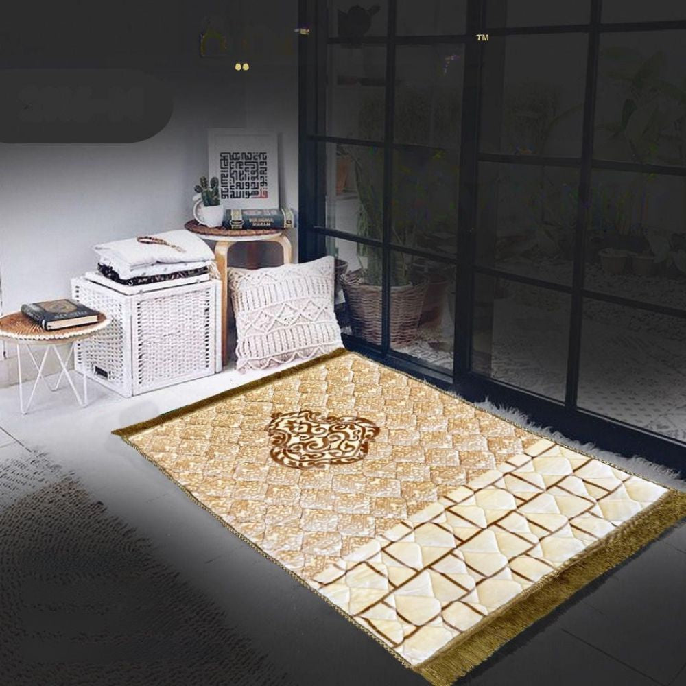 Decorative doormat with a geometric pattern on a dark floor.