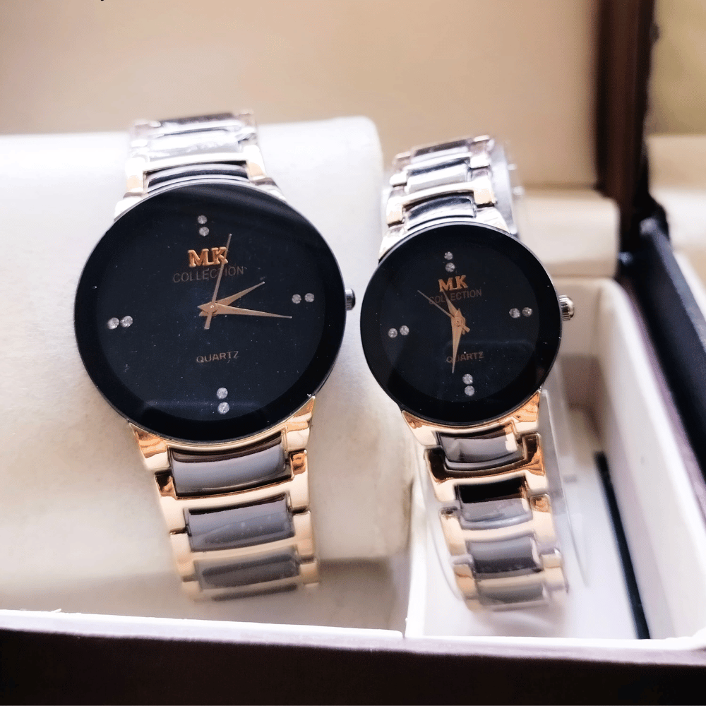 Close-up of MK Collection black couple watch set