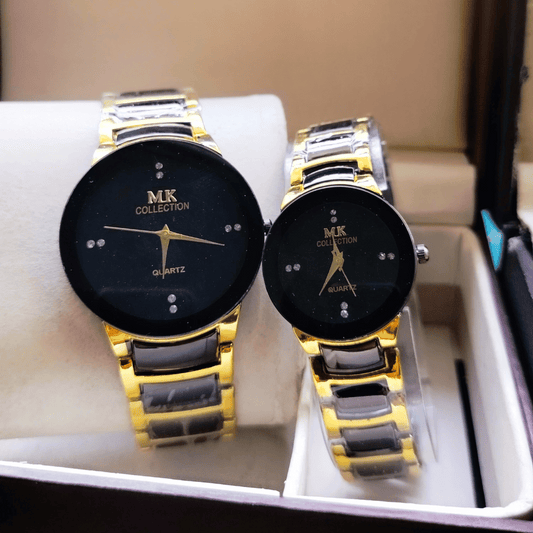 Front view of MK Collection couple watches in black and gold tones