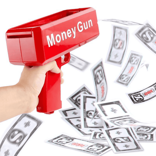 Side view of toy firing fake money from hand
